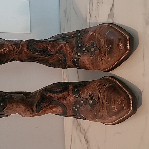 Ariat Leather Brown Textured Tooled Studded Snip Toe Western Cowgirl Boots 9.5 - Picture 7 of 16